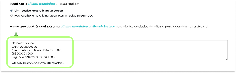 Passo 5 - Campo para preencher os dados da oficina